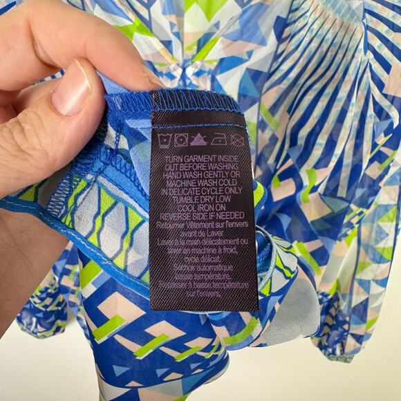 Hale Bob | Blue & Green Print Beaded Embellished V-neck Long Sleeve Blouse - Picture 12 of 12